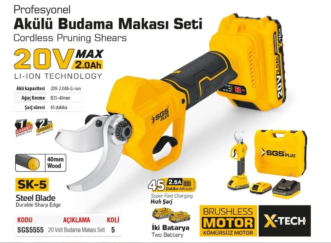 SGS5555 AKÜLÜ BUDAMA MAKASI 20V 2X2.0 AH (KÖMÜRSÜZ MOTOR)